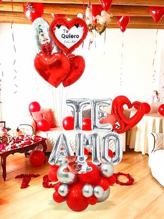 32pcs/Set "I Love You" Spanish Decoration Set, Includes "TE AMO" Balloon Banner, Mini Hugging Bear, 18" Heart Foil Balloon, And Red & Silver Latex Balloons, Suitable For Valentine's Day Party Decor, Proposal, Newlywed, Wedding, Romantic Party, Singles Party, Birthday, Anniversary, Indoor Decoration