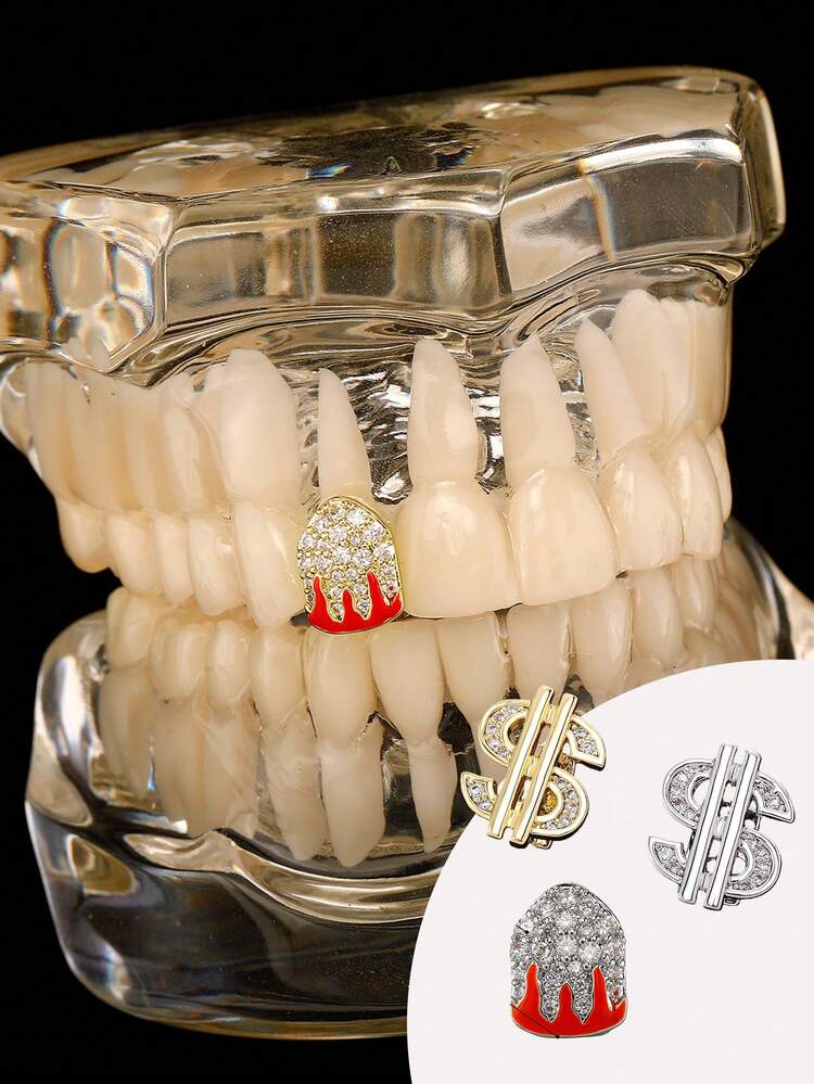 2pcs Gold Plated Hip Hop Teeth Grillz Punk Custom Fit Teeth Grillz Caps Top & Bottom Grill Set Removable Hip Hop Mouth Grills For Women Men Gift Halloween Party Photo Fancy Dress Accessories - Multicolor - View 9