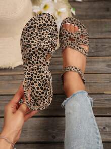 女士新款圆头套脚平底拖鞋，简约搭扣平底凉鞋，时尚简约平底凉鞋，舒适休闲旅行沙滩鞋，有白色、棕色、黑色、豹纹、花卉图案可选 - 彩色 - 查看 1