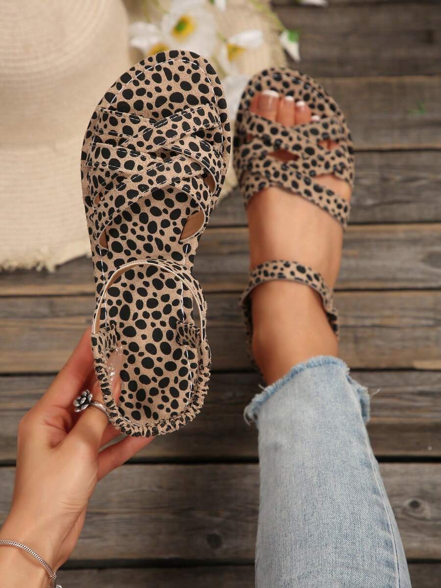 女士新款圆头套脚平底拖鞋，简约搭扣平底凉鞋，时尚简约平底凉鞋，舒适休闲旅行沙滩鞋，有白色、棕色、黑色、豹纹、花卉图案可选 - 彩色 - 查看 1
