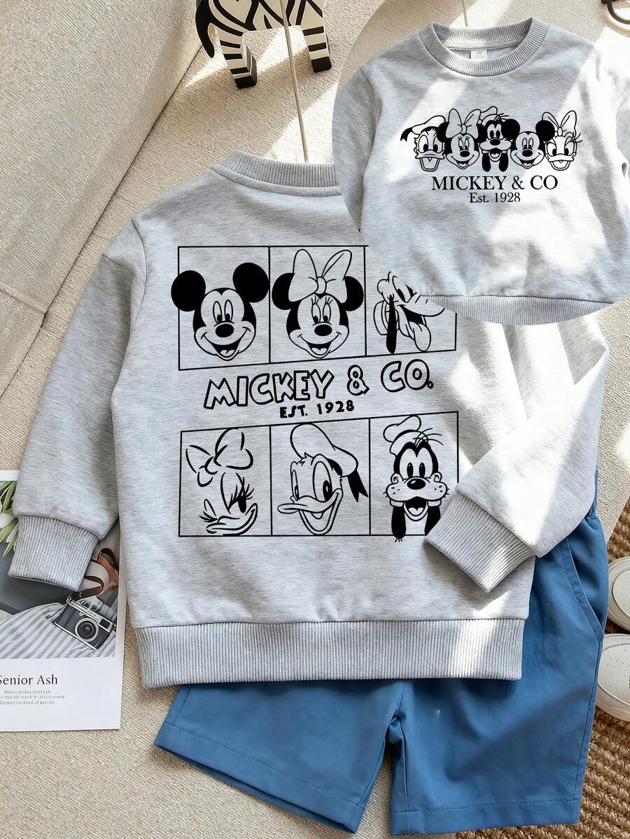 Disney Mickey Mouse Friends Line Pattern Printed, Soft And Warm Boys' Hoodie, Suitable For Boys' Daily Wear, Parent-Child Outings And Other Scenarios. - 黑色 - 查看 1