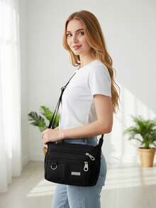 Functional Oxford Shoulder Bag For Women Solid Color Crossbody Bag With Multi-Pocket And Adjustable Strap  Medium Bags For Shopping And Christmas Presents - 黑色 - 查看 5