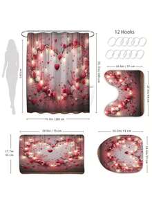 1pc/4pcs Valentine's Day Bathroom Decor Set, Includes Shower Curtain, Toilet Seat Cover, Bath Mat, Polyester Curtain, Bathroom Accessories With 12 Hooks