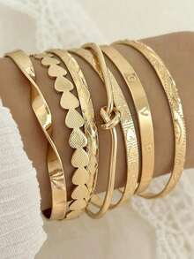 7pcs Set Exaggerated Personalized Hammered Hexagram Twist Open Bangle Bracelet Set, Suitable Daily Wear, - Vàng 5 - Xem 8