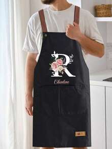 1pc Customized Floral & Alphabet A-Z Print Apron With Large Pocket, Waterproof, Stain & Oil Resistant. This Personalized Kitchen Cooking Apron With Adjustable Neck And Waist, Suitable For Cooking And Grilling, Great Gift For Christmas And Thanksgiving, Unisex. - Multicolor - View 5