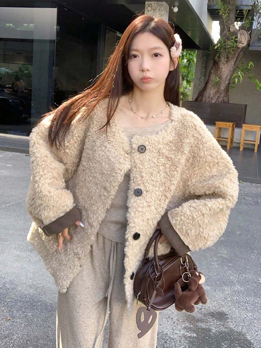 韩版仿羊毛圆领休闲女夹克,厚实保暖,宽松版型,秋冬百搭上衣 - 卡其色 - 查看 1