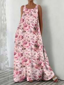 大码女式碎花浪漫度假无袖连衣裙，春夏粉色优雅款 - 粉色 - 查看 1