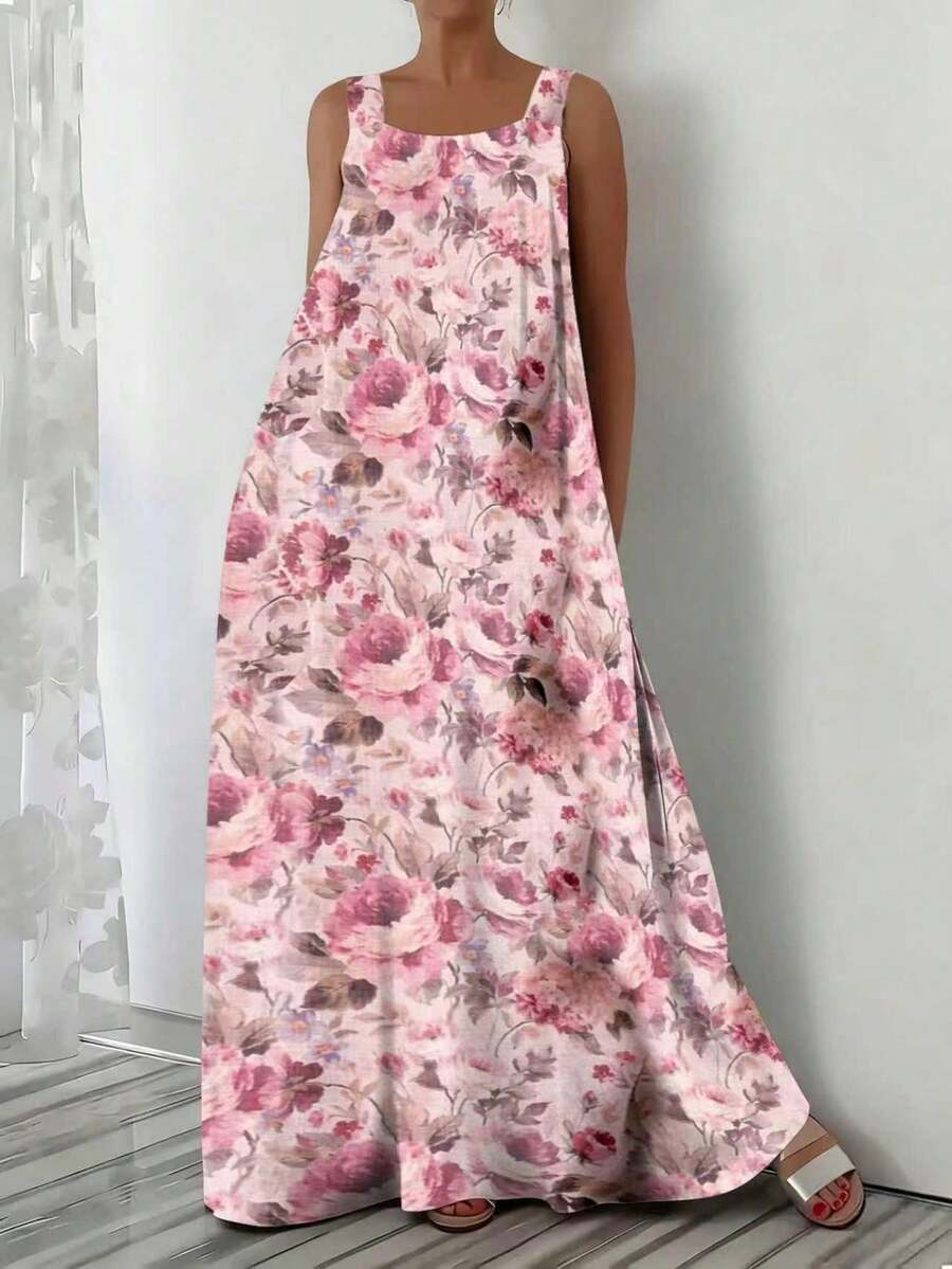 大码女式碎花浪漫度假无袖连衣裙，春夏粉色优雅款 - 粉色 - 查看 1