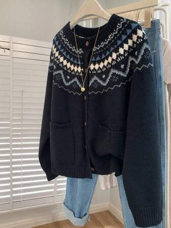 JIANHU Fair Isle Knit Cardigan Sweater With Nordic Pattern, Cozy Winter Cardigan For Christmas & New Year