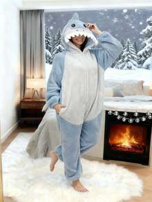 Women's Shark Pattern Hooded Pajama Jumpsuit With Pockets And Hood, Cozy Shark Pajamas For Winter, Cute Animal Home Sleepwear For Adults - Màu xanh nhạt - Xem 9