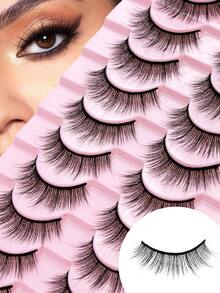 Pestañas postizas naturales e invisibles de tallo negro, 100% hechas a mano sin crueldad, esponjosas y difuminadas para un look de ojos ahumados de Oriente Medio para uso diario, para ojos sensibles - Caja de 10 pares - Negro - Ver 6