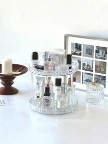 1pc Minimalist High-End Home Storage Organizer Rotating Display Rack, Vanity Makeup Cosmetics Shelf, Bathroom Countertop Perfume & Skincare Holder Tray - Transparent - View 1