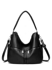 Large Capaci Leather Crossbody Bag For Middle-Aged Women Faionable Versatile Single Oulder Satchel Casual Simple Sle - Black - View 4