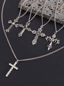 5件套时尚街头风十字架吊坠叠戴项链，适合日常佩戴，欧美流行饰品，简约十字架设计项链，圣诞节、情人节、新年礼物 - 銀色 - 查看 4