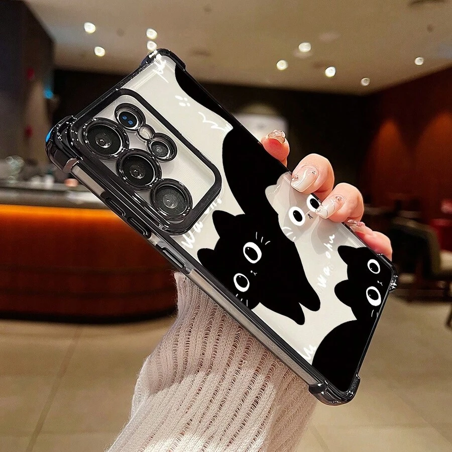 1pc Minimalist Cat Design Airbag Anti-Fall/Thickened Transparent TPU Phone Case, Suitable For Android Smartphones, Galaxy, SAM/Honor/Note13pro/S23 Ultra/S24 Ultra/S25/A56 Protective Cover,International Version, Not The Domestic Version - Black - View 1