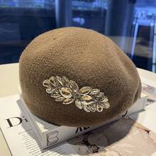 1 Piece Retro Rhinestone Flower Beret - Hepburn Style Newsboy Cap For Women, Face-Slimming Painter Hat Suitable For Reverse Wear, Autumn & Winter Fashion, Suitable For Daily Wear, Valentine's Day Gift, Holiday Gift, Birthday Gift For Girlfriend & Friends, Fashionable Elegant Cute Unique Niche - 卡其(秋冬) - 查看 8