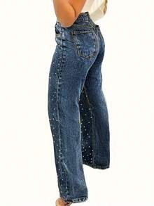 Women's Multi-Pocket Straight Jeans With Pearl Design, Women's Casual And Versatile Jeans Pantalones De Mujer Jean - 藏蓝色 - 查看 2