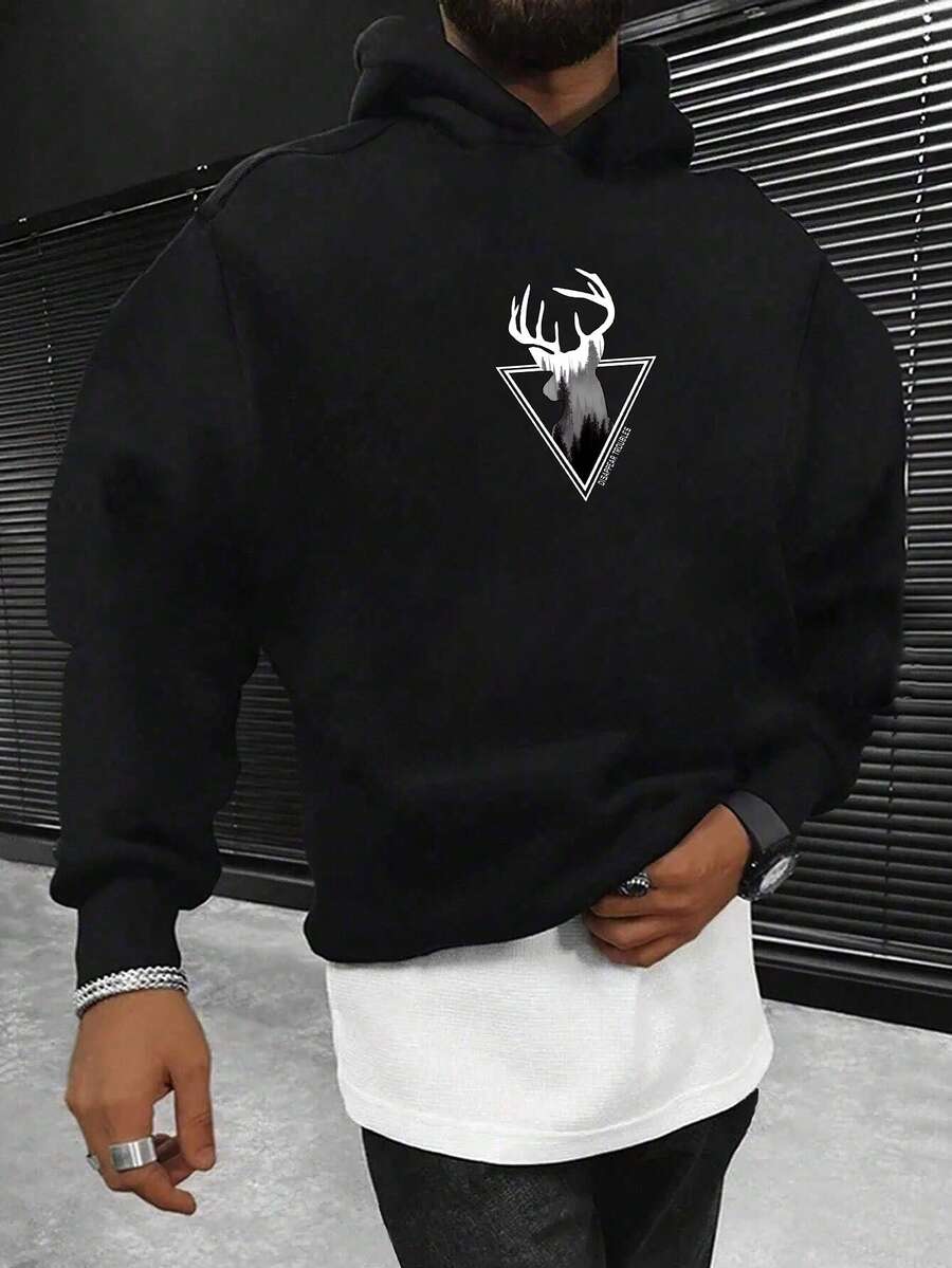 Men Deer & Geo Print Drop Shoulder Thermal Lined Hoodie - Black - View 1