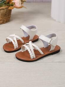 1 Pair Girl's Summer PU Woven Strap Sandals, Breathable Lightweight Hollow Casual Beach Vacation Shoes, Cute College Style Classic - Beige - View 2
