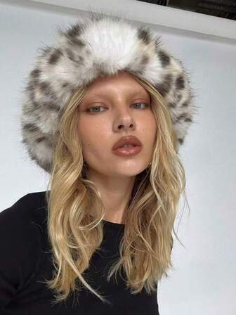 女士豹纹印花波点毛绒渔夫帽，仿狐狸毛饰边 - 冬季保暖可调节平顶公主帽，适合圣帕特里克节及都市时尚，节日头饰，奢华时尚，人造毛皮点缀，女士御寒装扮