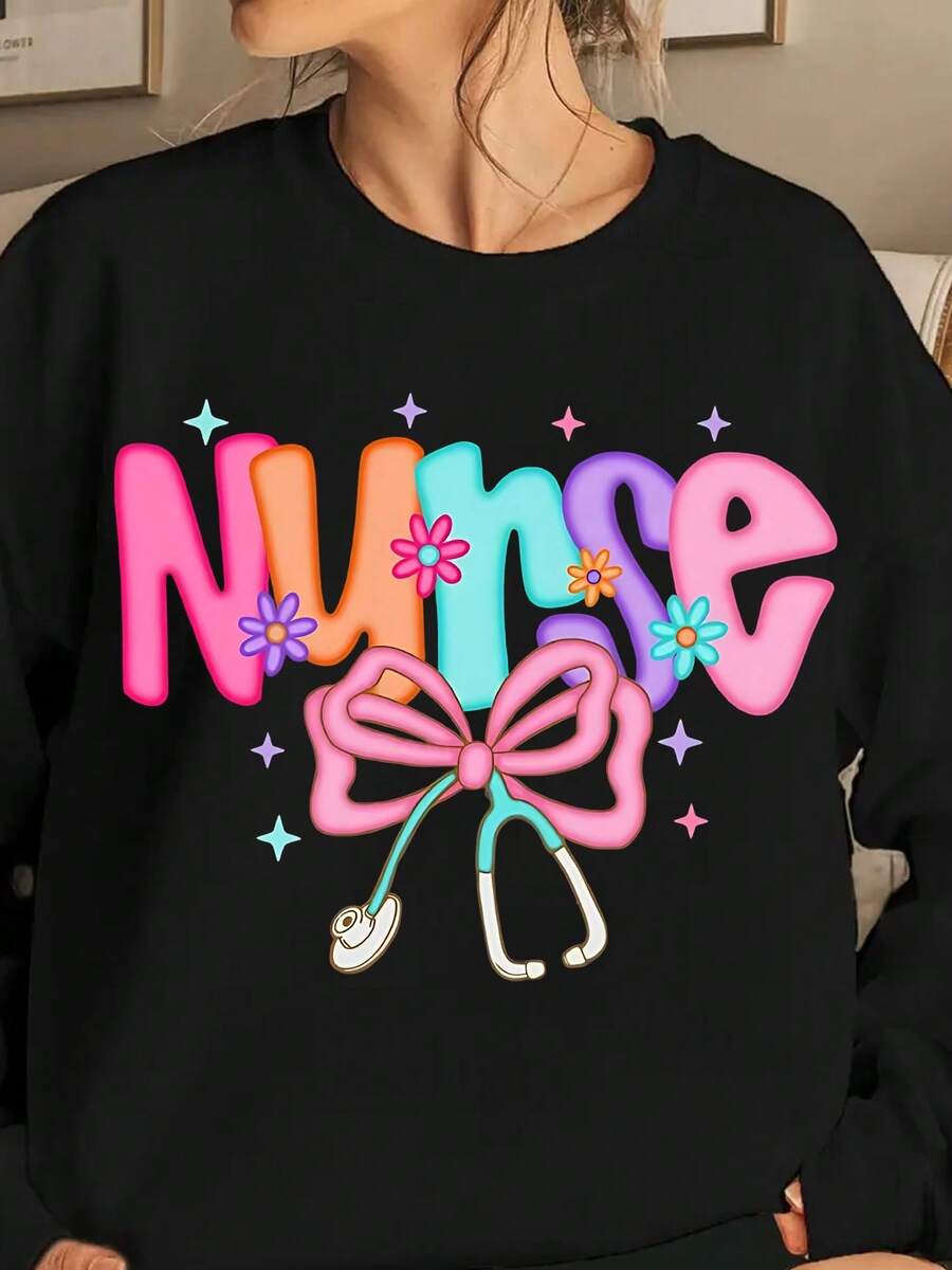 2026 Long Sleeve Tops Women Nurse Theme Printed Sweatshirt - Soft Loose Long Sleeve Sweater With Stethoscope And Nursing Logo, Machine Washable Spring Summer Casual Workwear (Nurse Clothing) - Round Neck Pullover, Bright Stethoscope Bow Design, Medium Elastic Comfortable Fabric, H-Shaped Silhouette Suitable For Daily Wear, Breathable Material Loose And Comfortable Winter Clothes For Women Plus Size Women Clothes - 黑色 - 查看 1