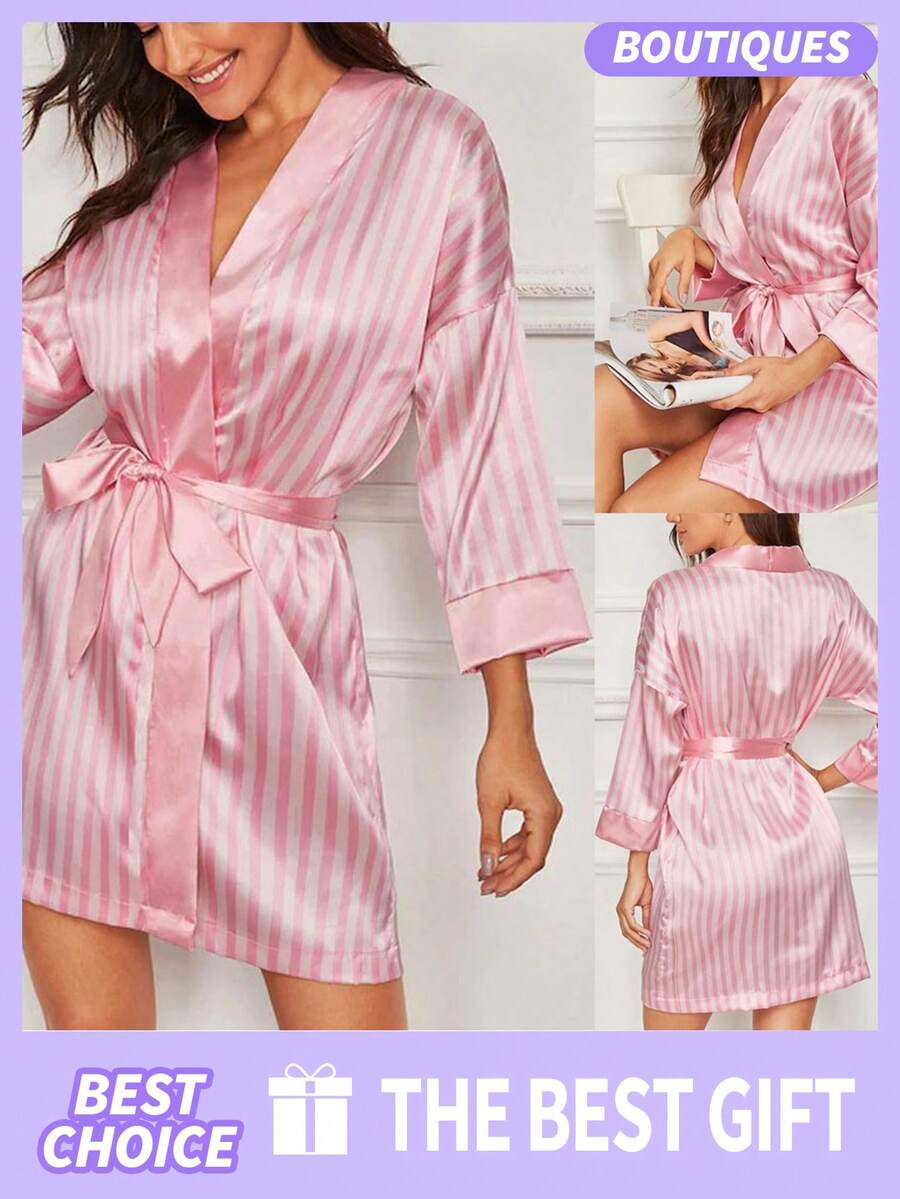 Valentine's Day Gift Women's Nightgown Women's V-Neck Satin Nightgowns For Women Silk Sleepwear 3/4 Sleeve V-Neck Nightshirts(S/M/L/XL) Valentine's Day - 粉色 - 查看 1