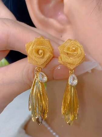 2件套优雅金色玫瑰花流苏耳环，时尚独特设计，精致花卉耳环，女士适用