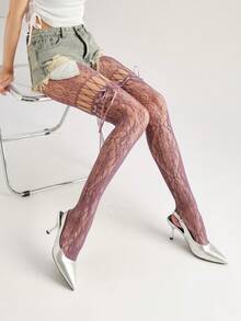 Y2K Subculture Bowknot Fishnet Stockings, Hollow-Out, Jacquard Mesh, Dark Night Black - Purple - View 2