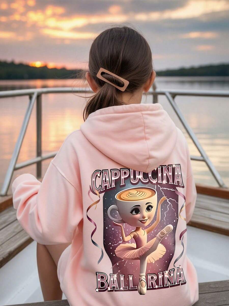 Sudadera de manga larga con patrón de bailarina de ballet y café para niña, adecuada para uso diario en otoño/invierno - Rosa - Ver 1