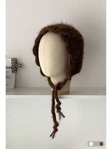 花卉图案马海毛秋冬新款保暖护耳帽，时尚灰色花卉流苏针织帽，舒适针织渔夫帽，百搭针织渔夫帽，保暖内衬针织帽，适合秋冬季节 - 小辮子花朵邊拉毛 - 查看 7