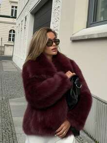 仿毛皮毛绒蓬松保暖长袖秋冬外套 - 紅色 - 查看 4