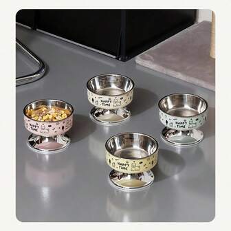 Pet Cat Dog Printed Electroplated Silver Base High-Efficiency Anti-Neck Injury Anti-Slip Anti-Spill Large Capacity Feeding Bowl With Stainless Steel Bowl, Chin-Friendly, Washable Dog Bowl