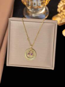 1pc Stainless Steel Gold-Plated Chain Cubic Zirconia Cat Eye Stone Clover Pendant Niche Fashionable Necklace, Unisex Casual/Party/Holiday Wear (OPP Bag Packaging) - Yellow Gold - View 6
