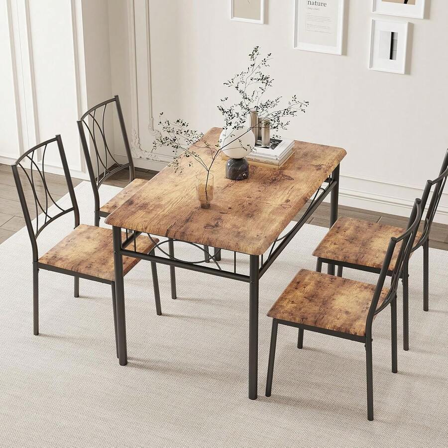 Mesa de comedor industrial de 5 piezas para 4, marco de metal pesado y mesa y sillas de madera, conjunto de muebles de cocina de ahorro de espacio para apartamento, restaurante, comedor - Sillas marrón-MDF - Ver 1