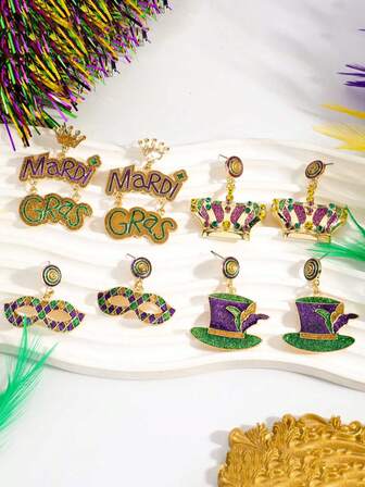 1 Pair Bohemian Style Letter Mask Crown Pendant Earrings, Carnival Symbol Rhinestone Earrings, Suitable For Daily Wear And Gifting, Carnival Accessories