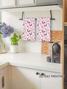 1/2/4pcs Pink Butterfly Floral Kitchen Towels - Super Soft Polyester Dish Towels, Farmhouse Hand Towels With Decorative Pink Butterflies & Pink Flowers,For Kitchen & Bathroom, Kitchen Towels Hand Towels, Cartoon Style Design, Vibrant Print Quality - Pink - View 4