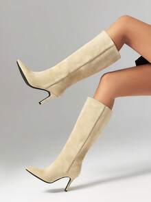 Women's Pointed Toe High Heel Knee-High Boots, Fashionable For Autumn/Winter - Khaki - View 1