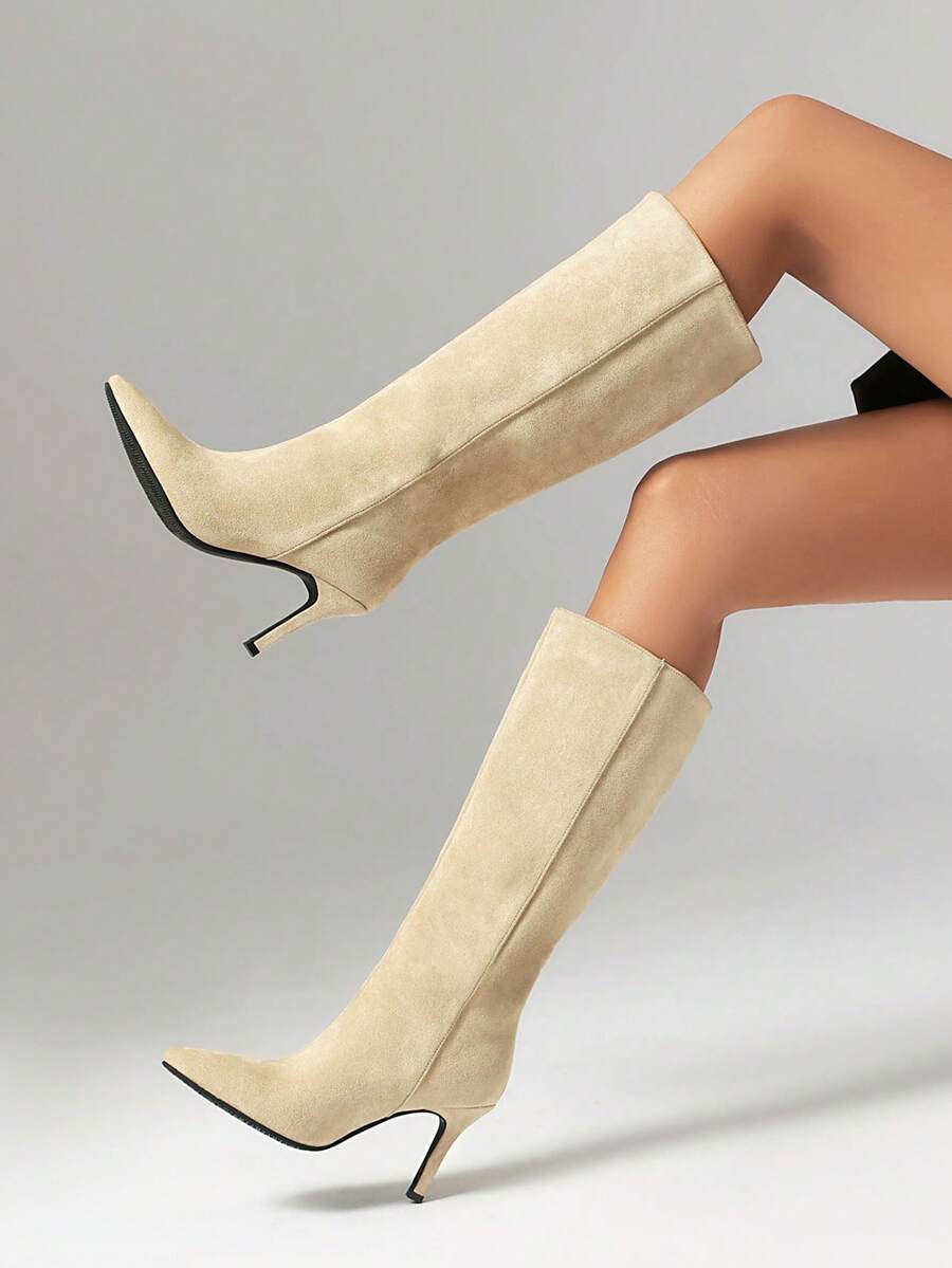Women's Pointed Toe High Heel Knee-High Boots, Fashionable For Autumn/Winter - Khaki - View 1