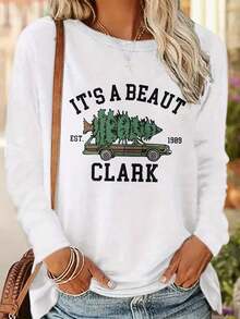 Christmas Outfit WomenWomen's Clark-Themed Tree & Truck Print Long Sleeve-Shirt - Green & Golden Casual Crewneck Top With It's A Beaut Clark Slogan, Washable Holiday Apparel Xmas Parties & Casual Attirelong Sleeve TopsLoose And Comfortablewinter Clothes For Women - trắng - Xem 7