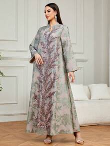 Women's Elegant V-Neck Long Sleeve Maxi Kaftan Dress, Woven Fabric With Beaded Embellishment, Suitable For Eid Al-Fitr