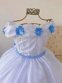 Vestido Infantil Daminha Branco Com Azul Bebê Daminha, Batizado, Formatura Luxo Midi - Branco com Azul Bebê - Visão 8