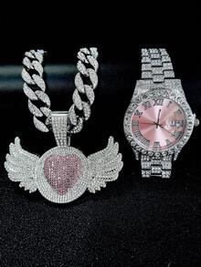 European And American Hip-Hop Style Jewelry Set For Men, Including Pink Sexy Tongue Lips Pendant, Butterfly Pendant, Heart Wing Pendant Paired With Pink Watch, Ideal Gift For Festivals And Parties - Pink - View 13