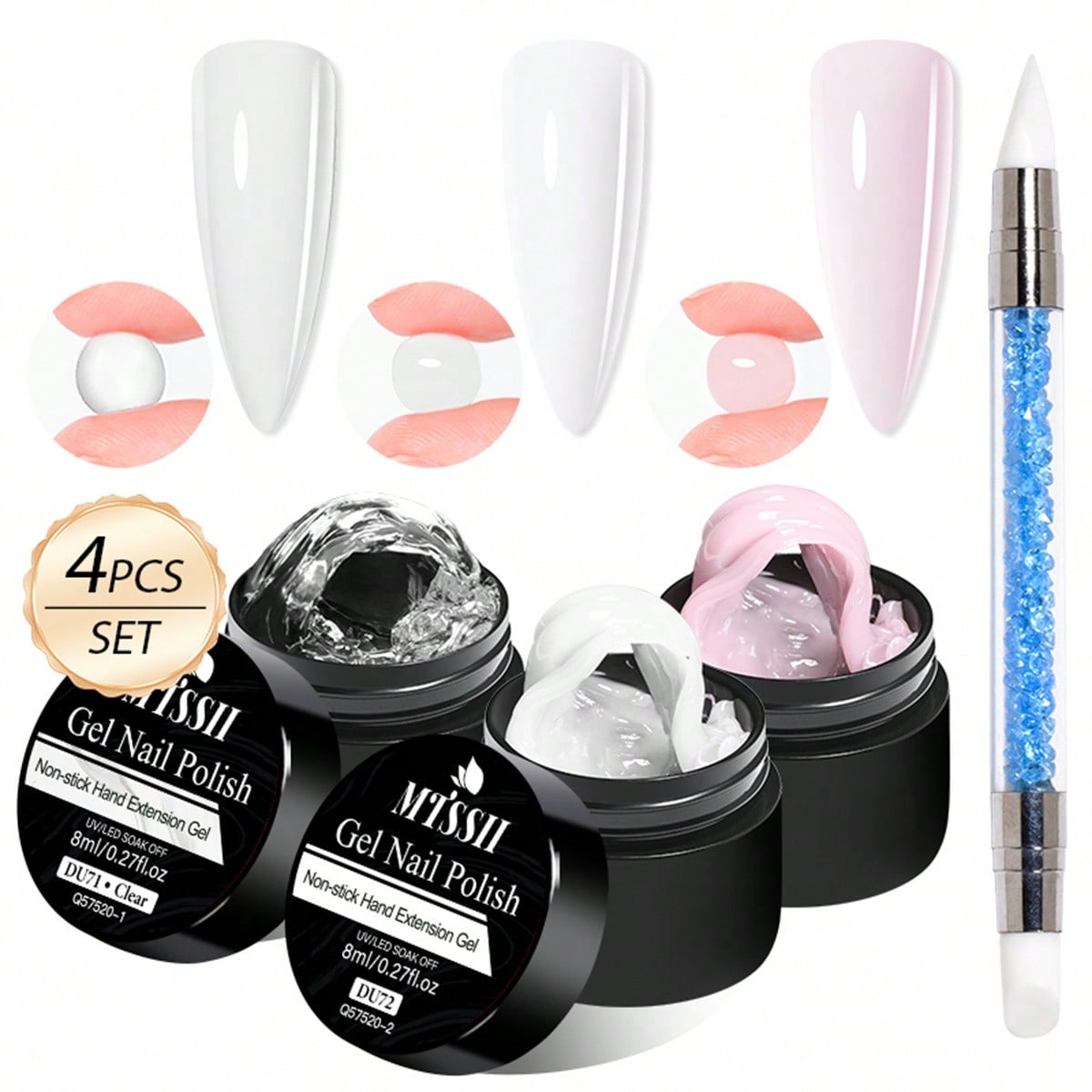 Shein Multicolor 4Pcs/Set 8Ml Clear White Pink Non Stick Hand Extension Gel Nail Polish For 3D Shaping Nail Art Solid Milky Jelly Hard Gel For Fake Nail Carving Flower Nail Art Acrylic Gel Varnish Solid Builder Gel Easy To Operate Manicure For Home And Sl