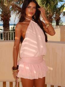 Women Gothic Dress Slim Long Flare Sleeve Side High Split Long Dress Halloween Witch Costume - 粉色 - 查看 4