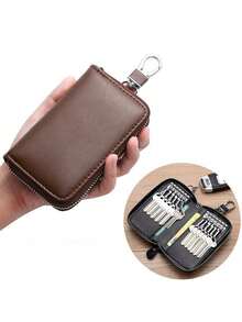 1 pieza Portallaves portátil de PU, Estuche protector de llave de coche colgante para la cintura de hombres, Bolsa de almacenamiento de llaves con cierre de cremallera de cobertura total