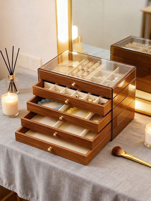 1 szt., Luksusowe pudełko na biżuterię z czarnego orzecha, 3-warstwowe drewniane pudełko do przechowywania biżuterii, Pudełko na biżuterię w stylu szuflady, Przezroczyste akrylowe pudełko do przechowywania biżuterii, Klasyczny styl, Organizer do przechowywania biżuterii, Kolczyki, Pierścionki, Naszyjniki, Bransoletki, Wisiorki, Pudełko do przechowywania w łazience, Szuflada do przechowywania na biurku, Składane pudełko do przechowywania, Eleganckie luksusowe pudełko ekspozycyjne, Dekoracja pokoju żony