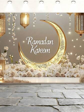 1 pieza Telón de fondo de poliéster Ramadán Kareem - Decoración versátil de Eid Al Fitr para bodas, cumpleaños, despedidas de soltero y talla grande - Uso en interiores/exteriores, sin necesidad de electricidad, fondo de fotografía | Tema de Ramadán | Telón de fondo duradero, decoración islámica para el hogar