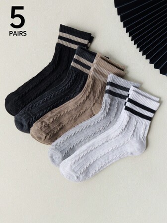 5 Pairs Women's Crew Socks, Brown Striped Cable Knit, Fashion Versatile Elegant Casual Minimalist, Soft Comfortable Moisture-Wicking, Mother's Day