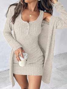 Women's Tank Top With A Round Neckline, Buttoned Front, Brushed Ribbed Mini Dress And Short Jacket