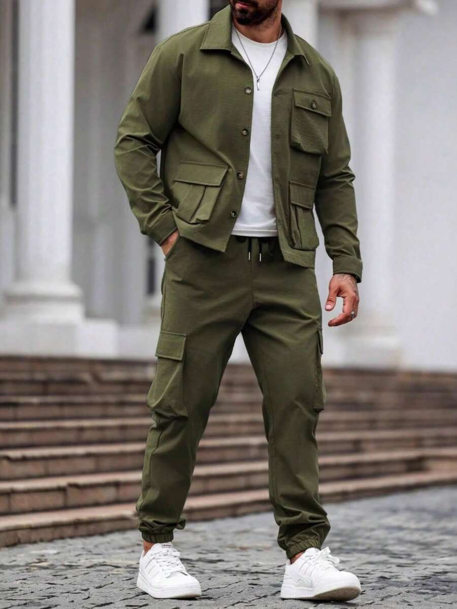 Chaqueta utilitaria y pantalón cargo de hombre de estilo vintage estadounidense de otoño, conjunto casual - Verde militar - Ver 1